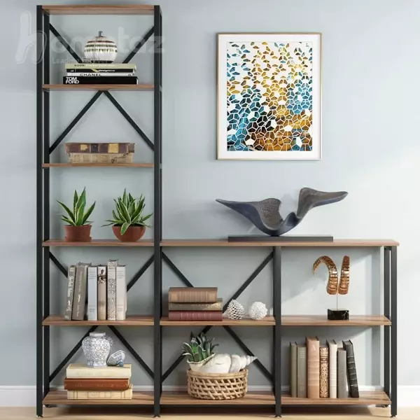 فروش کتابخانه و شلف فلزی مشکی استاتیک مدل ht1585 با صفحه چوب طبیعی روس قهوه ای
