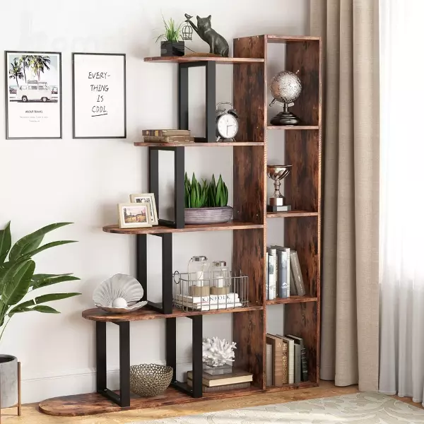 قیمت شلف و کتابخانه ایستاده چوب طبیعی قهوه ای و فلز آهن مشکی مدل ht1605