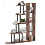شلف و کتابخانه ایستاده چوب طبیعی قهوه ای و فلز آهن مشکی مدل ht1605
