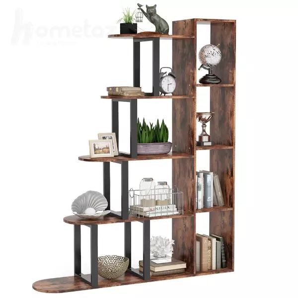 شلف و کتابخانه ایستاده چوب طبیعی قهوه ای و فلز آهن مشکی مدل ht1605