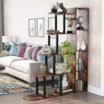 خرید شلف و کتابخانه ایستاده چوب طبیعی قهوه ای و فلز آهن مشکی مدل ht1605