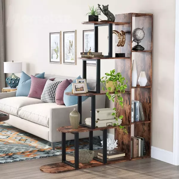 خرید شلف و کتابخانه ایستاده چوب طبیعی قهوه ای و فلز آهن مشکی مدل ht1605