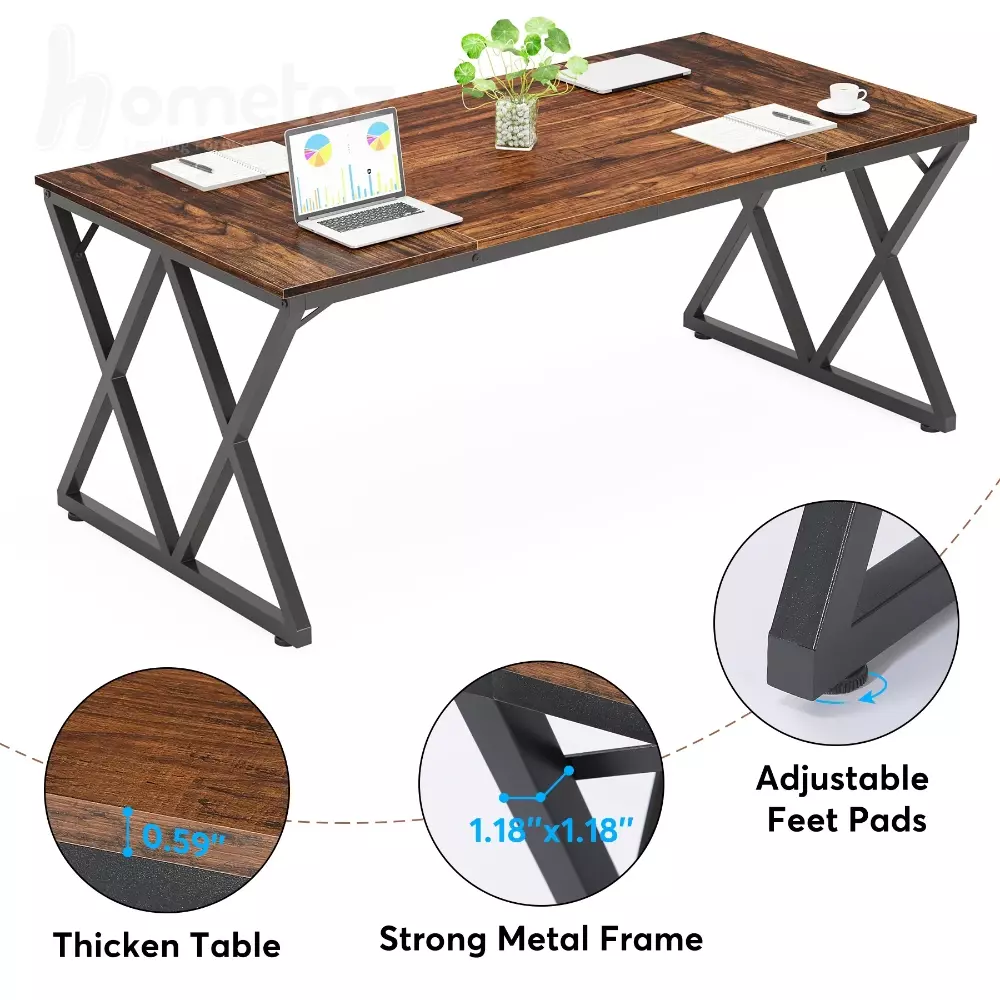 میز مدیریت آهنی پایه ضربدری با صفحه چوب قهوه ای طبیعی یا mdf طرح چوب مدل ht1896