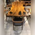 خرید میز غذا خوری روستیک پایه فلزی با صفحه چوب طبیعی مدل ht1953 چوب قهوه ای