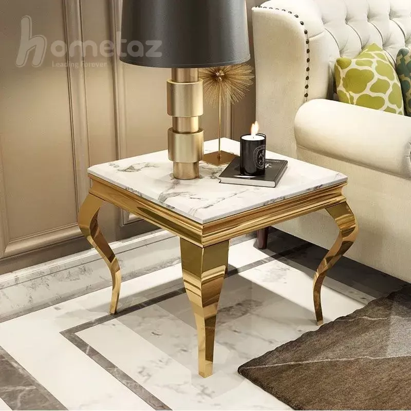 میز عسلی مدرن با ورق استیل مدل سم آهویی طلایی با سنگ سفید