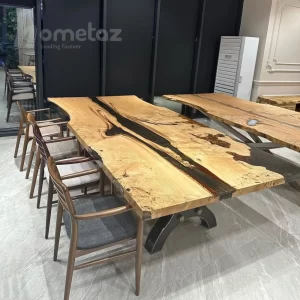 فروش انلاین میز ناهار خوری با صفحه رزین و چوب گردو و پایه فلزی مدل ht2447