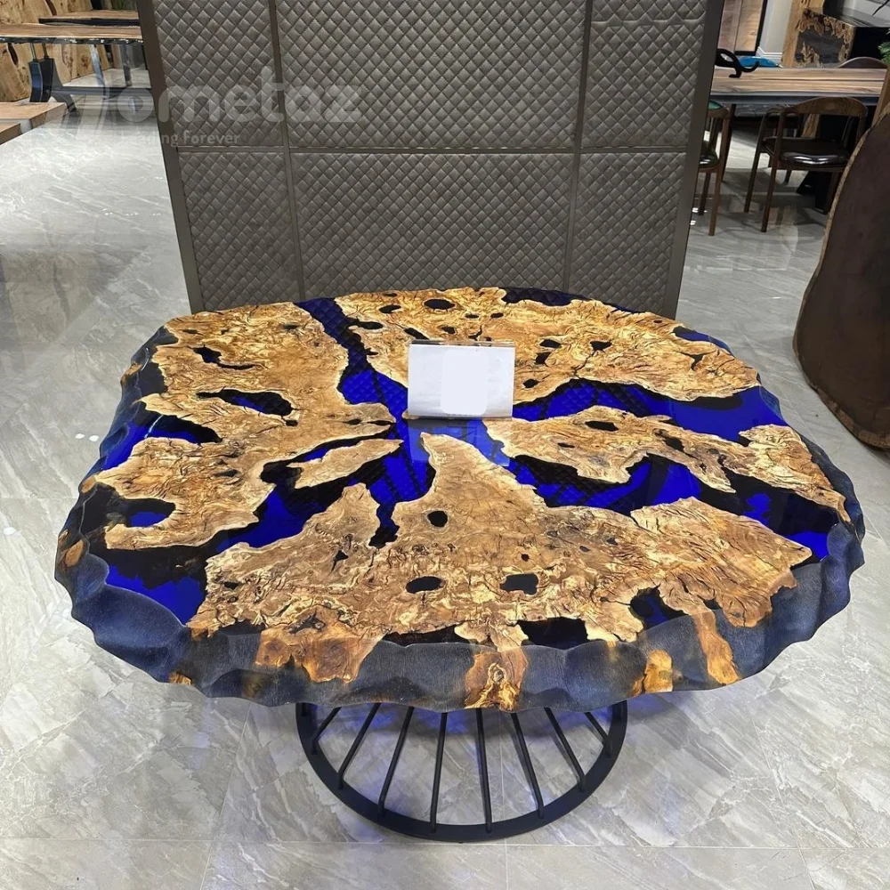 فروش میز غذا خوری گرد رزینی با صفحه ترکیب چوب طبیعی مدل ht2436