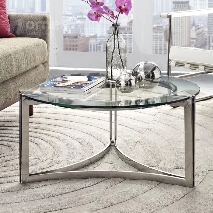 فروش میز جلومبلی پایه استیل مدرن و شیک مدل آیرین سیلور با صفحه شیشه بی رنگ