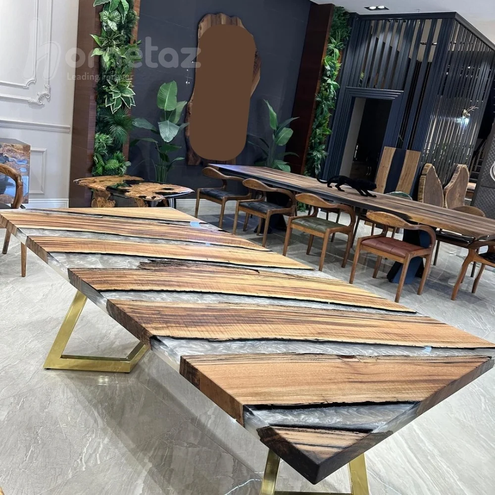 سفارش ساخت میز ناهار خوری پایه فلزی با ترکیب چوب و رزین مدل ht2437