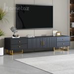 فروش میز تلویزیون پایه استیل و باکس هایگلاس مدل آنیسا مشکی طلایی